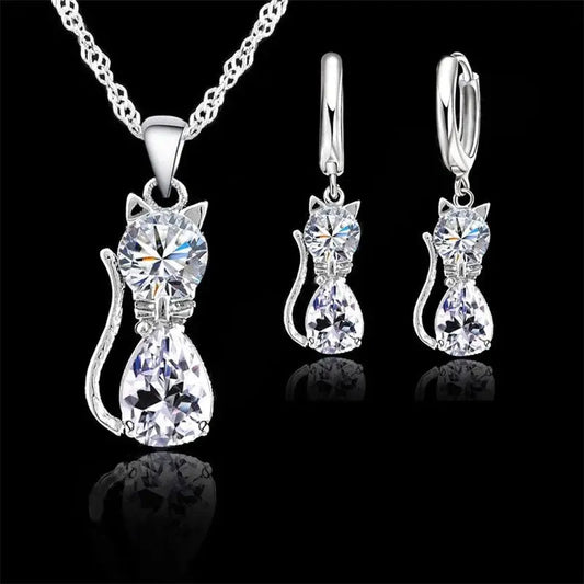 Real 925 Sterling Silver Color Jewelry Sets for Woman Girls Shining Austrian Crystal Cute Cat Pendant Necklace Huggie Earring Mazhari Collection