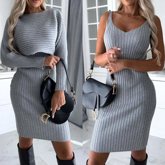 2pcs Suit Women's Solid Stripe Long-sleeved Top And Tight Suspender Skirt Fashion Autumn Winter Slim Clothing Mazhari Collection