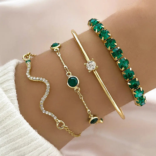 4pcs Bracelet Suit Fashion Green Grandmother Diamond Stretch Bracelet Women's Set Mazhari Collection